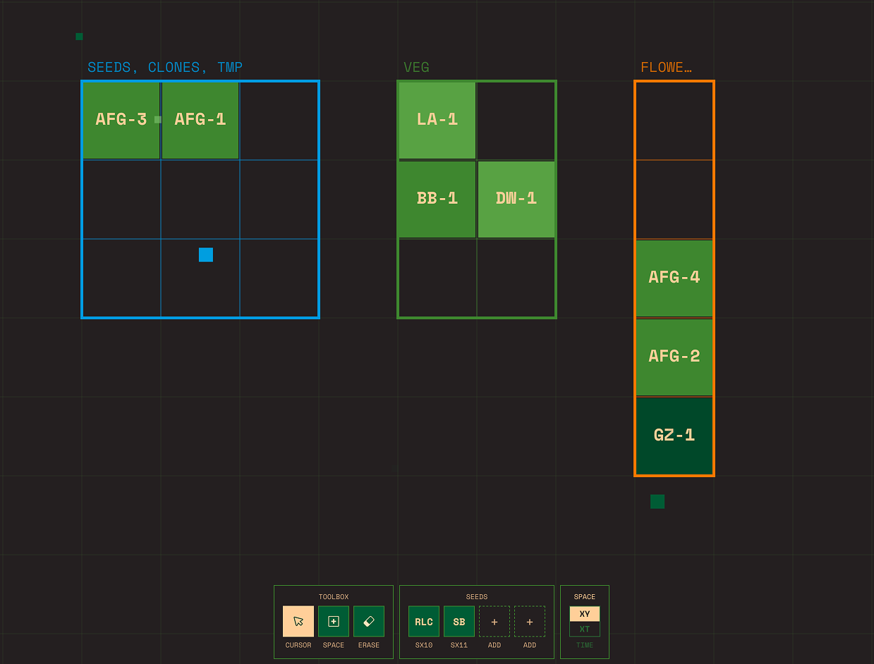 Plantegia grow room layout planner showing plant positions across multiple tents with drag and drop interface